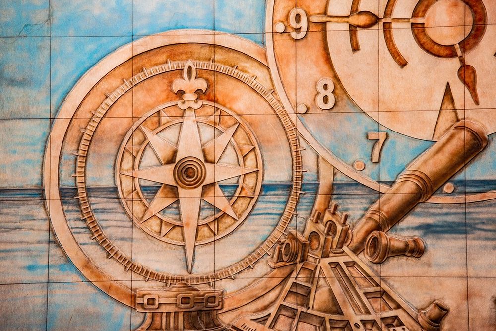 Nile River Expedition-Lower Egypt-Cairo Mural of compass and clock signifying Egypts early advances art print by Alison Jones for $57.95 CAD